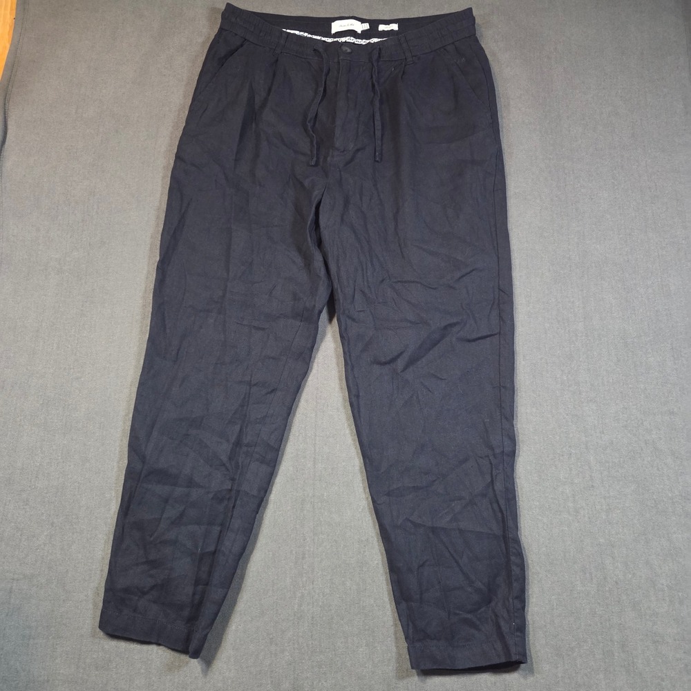 Porter & Ash Linen Blend Pants Mens XL Navy Blue Drawstring Trousers Casual